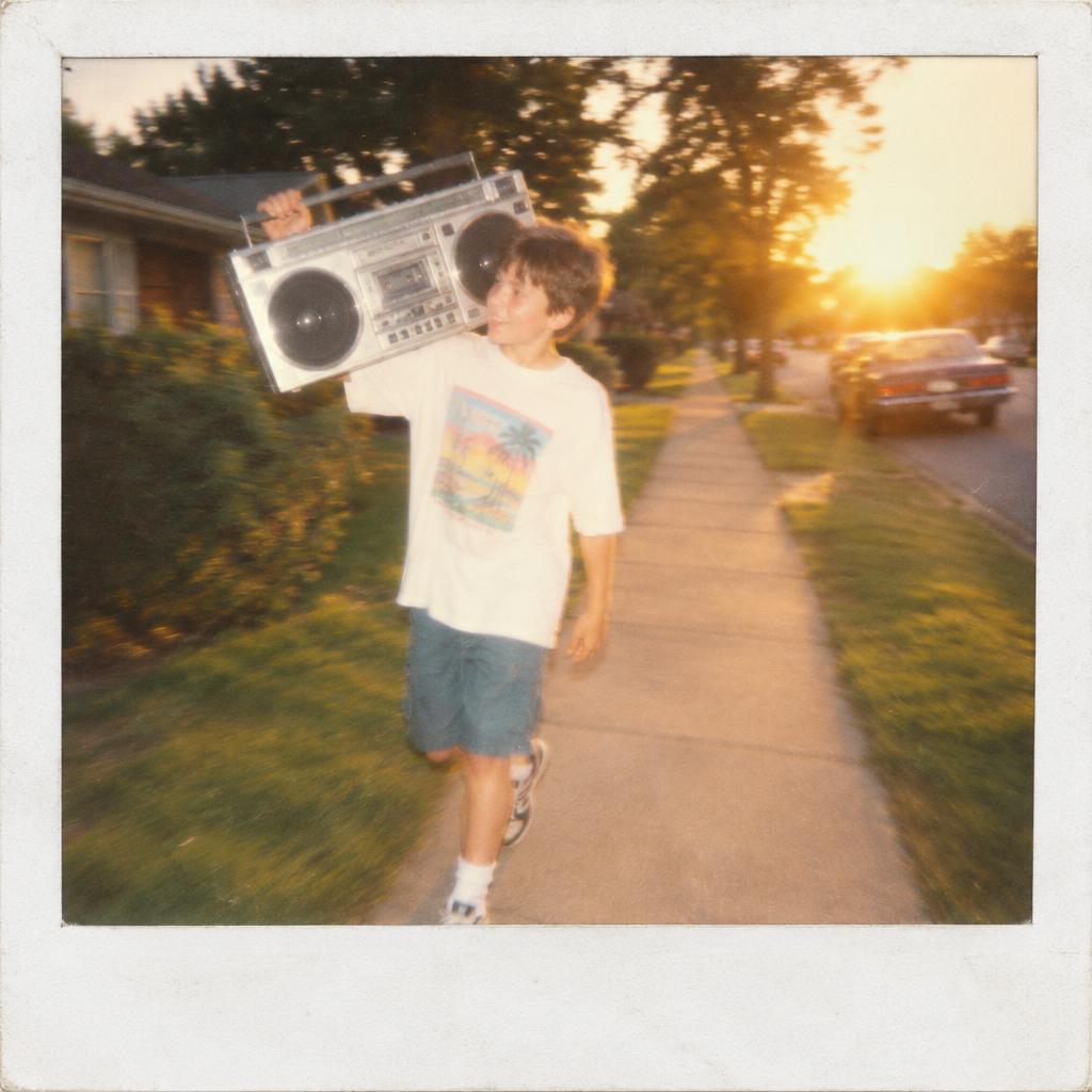 A kid carrying a boombox down a sidewalk at sunset